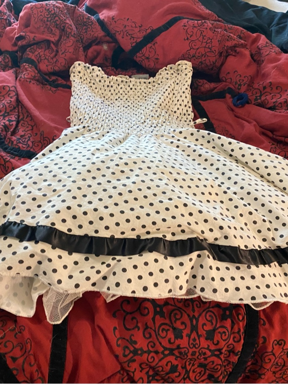 White Polka Dot Smocked Dress with Black Trim